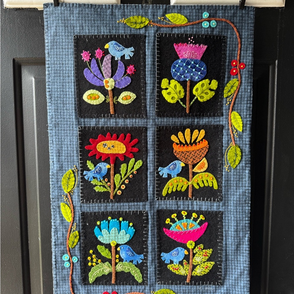 Handmade Floral Fiber Art Wall Hanging - Blue with Multicolor Appliqué